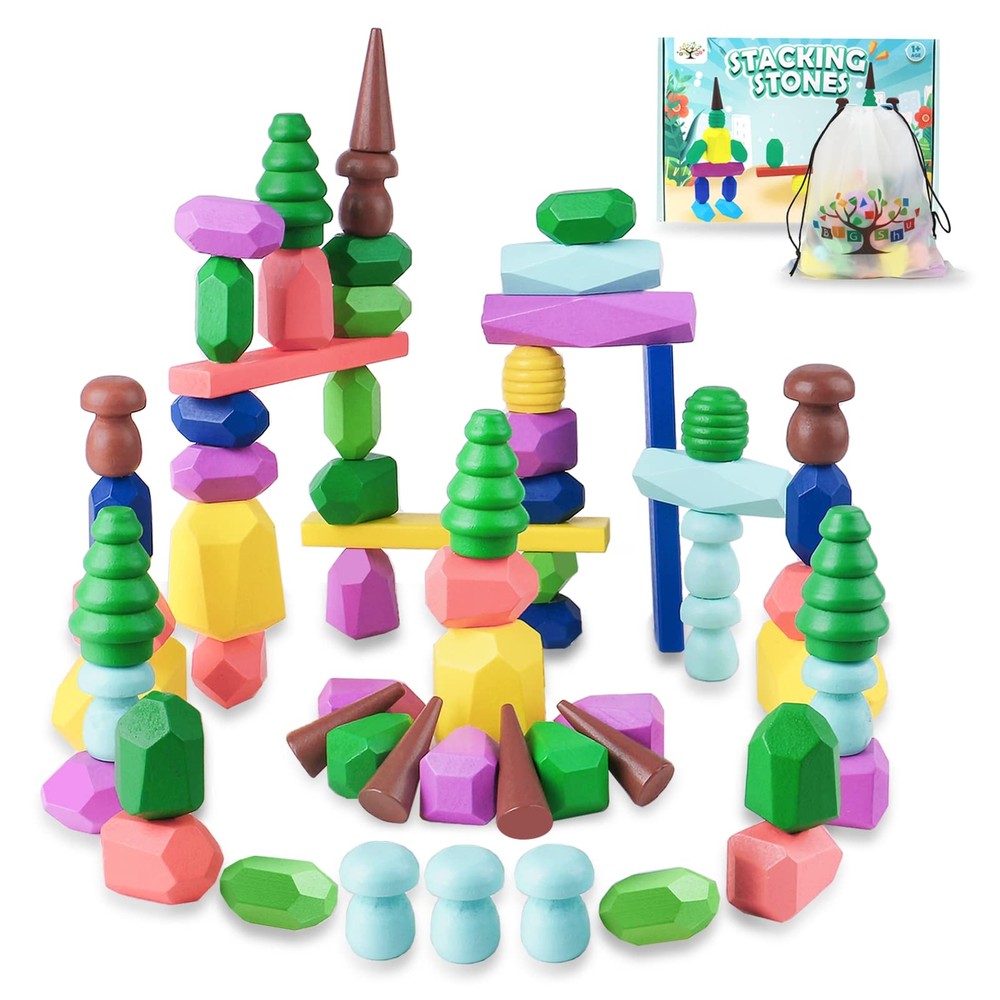 Toys for 3 Year Old Boys Girls 36 PCS Colorful Wooden Sorting Stacking Rocks ...