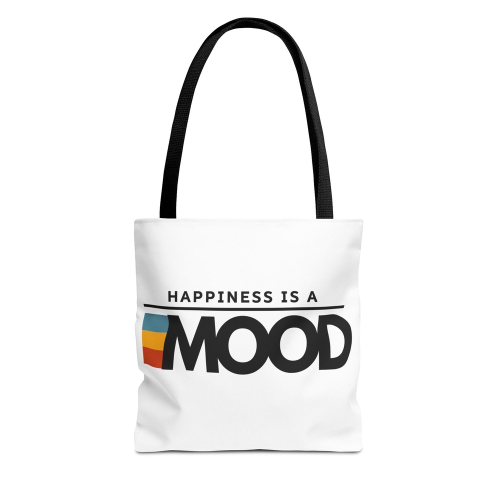 Happiness Is a Mood White Tote Bag with Black Print Design