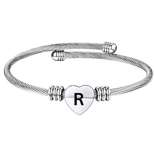 Stainless Steel Heart Word-R Bracelet Engraved Charm Bracelet for Women Silver