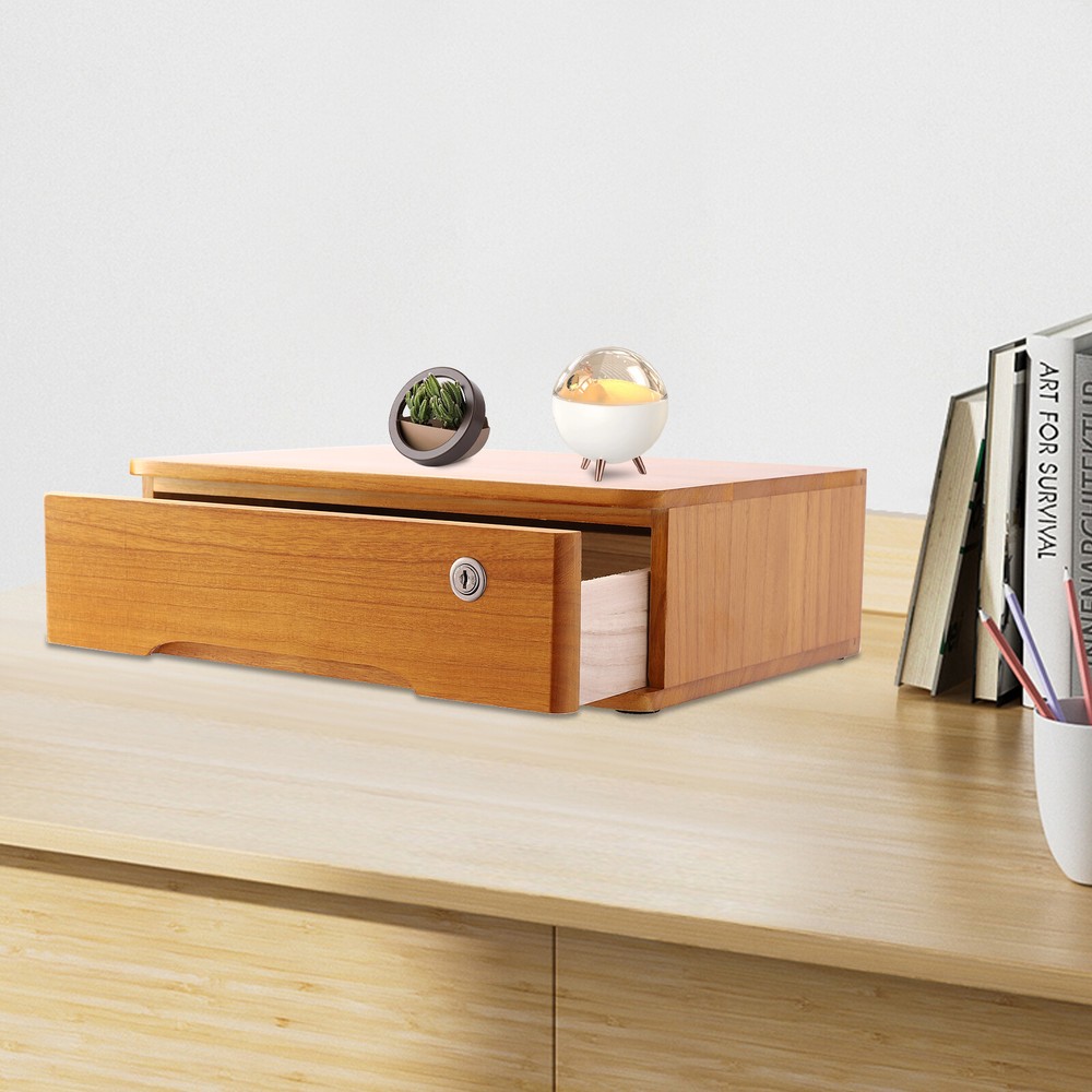 Lockable Yellow Wooden Desktop Storage Box with Drawer