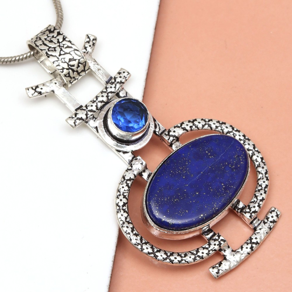 Lapis Lazuli Gemstone Pendant Handmade in Sterling Silver 2.5 Inch