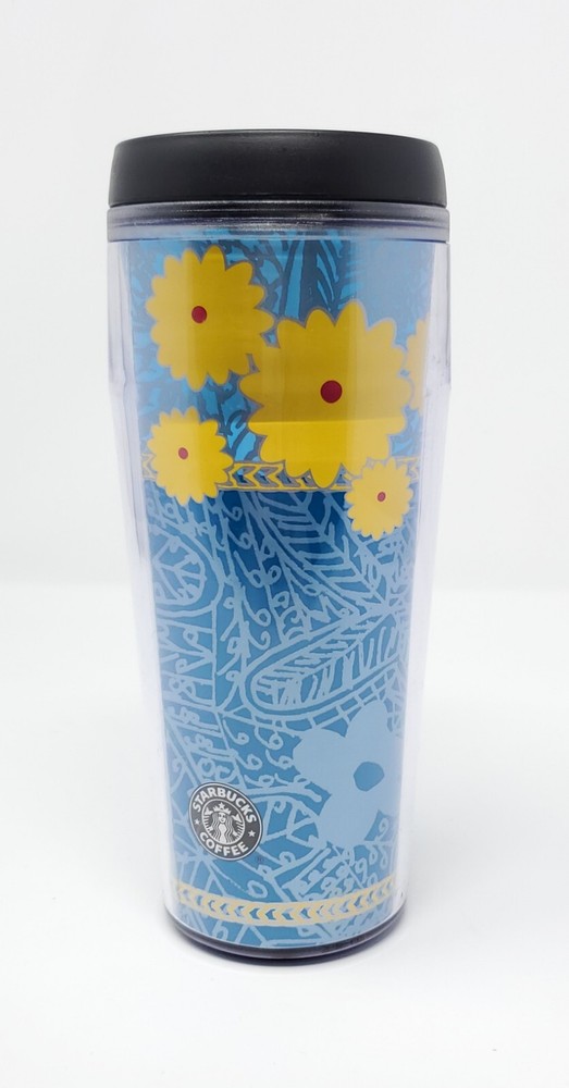 Starbucks Summer Tumbler 16 oz Bright Yellow Blue Floral Design