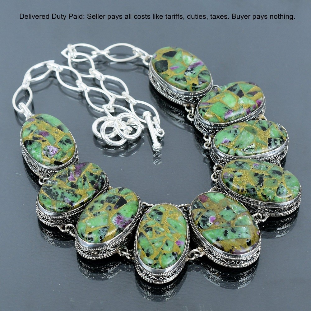 Christmas Sale 925 Silver Oval Copper Ruby Zoisite Stone Vintage Chain Necklace-image
