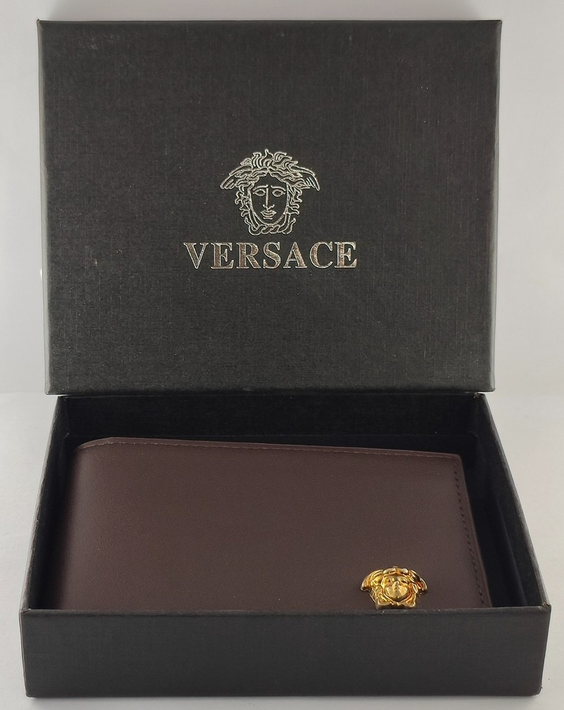 Premium Versace Soft Brown Leather Bi-Fold Men's Wallet With Gold Medusa Logo