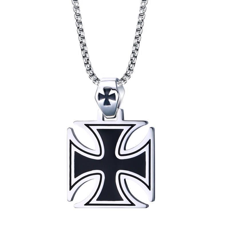 Men's Black & Silver Stainless Steel Iron Cross Pendant Necklace Chain