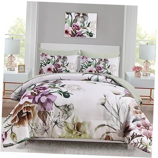 Floral Comforter Set 7 Piece Flower Bed in a Bag, Elegant Queen Size Green