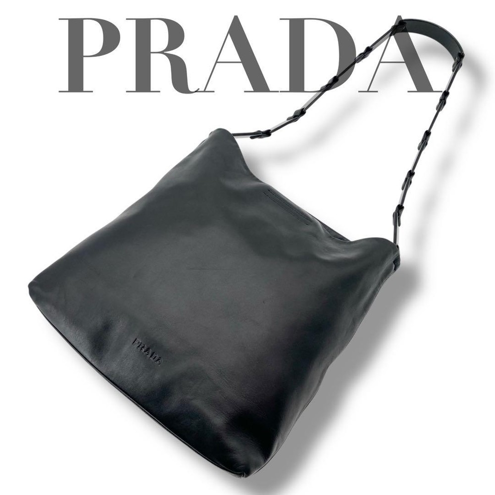 Prada Black Nappa Leather Shoulder Bag with Logo Embossment and Plastic Chain