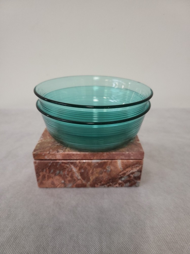Vtg Arcoroc Jardiniere Turquoise Ribbed Glass Soup Cereal Bowls Set of 2 France 5.5 Inch
