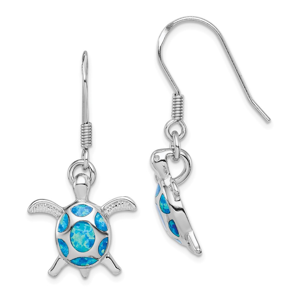Sterling Silver Lab Blue Opal Turtle Shepherd Drop Dangle Earrings