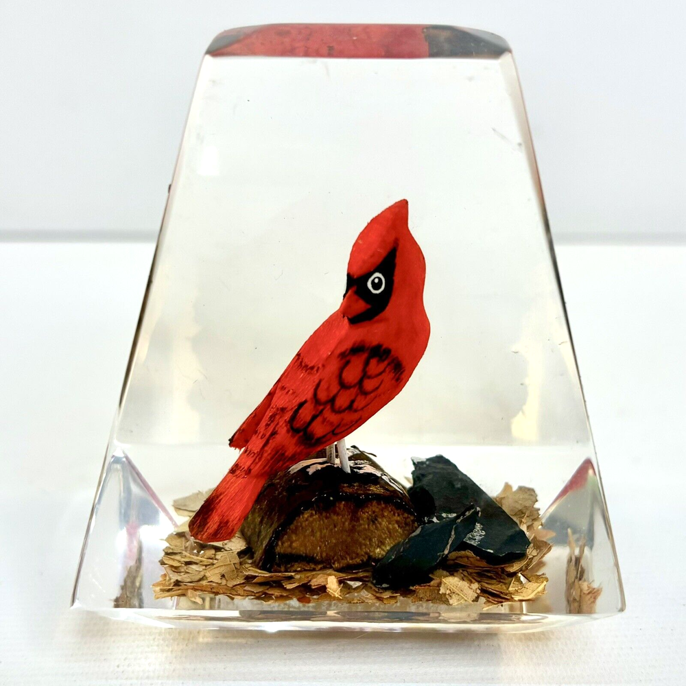 Vintage Hand Wood Carved and Painted Lucite Paperweight Cardinal Unique Canada
