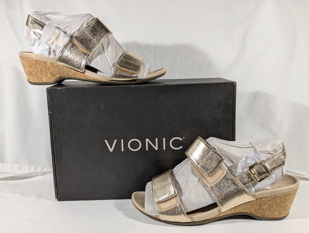 Vionic Marian Gold Wedge Sandals Women Size 9 Wide New with Box