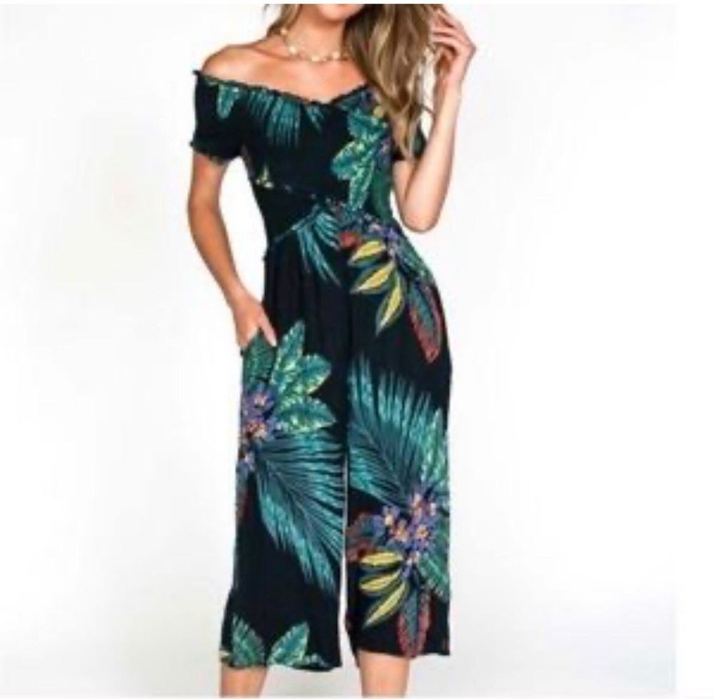 Patrons of Peace Large Smocked Tropical Jumpsuit with Pockets Wide Leg Beach