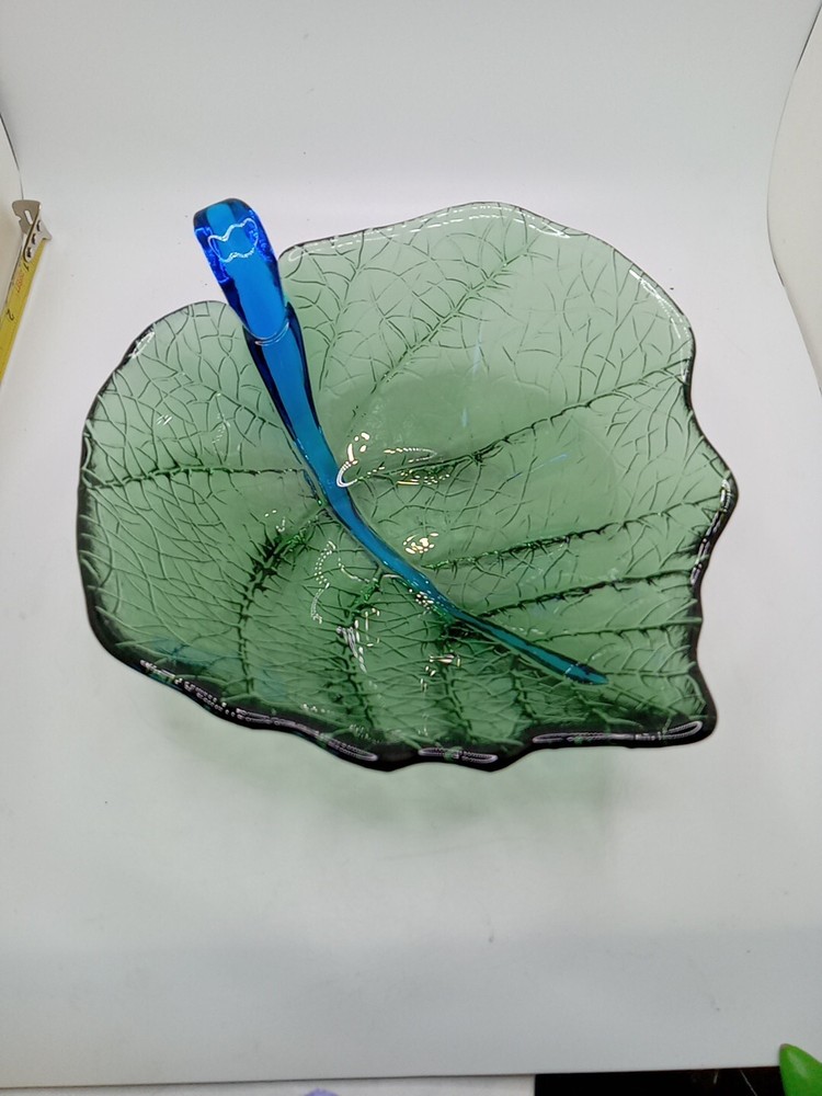 Dynasty Gallery Small Leaf Bowl 6.5 Inch Long Green with Blue Stem Decorative Serving Dish
