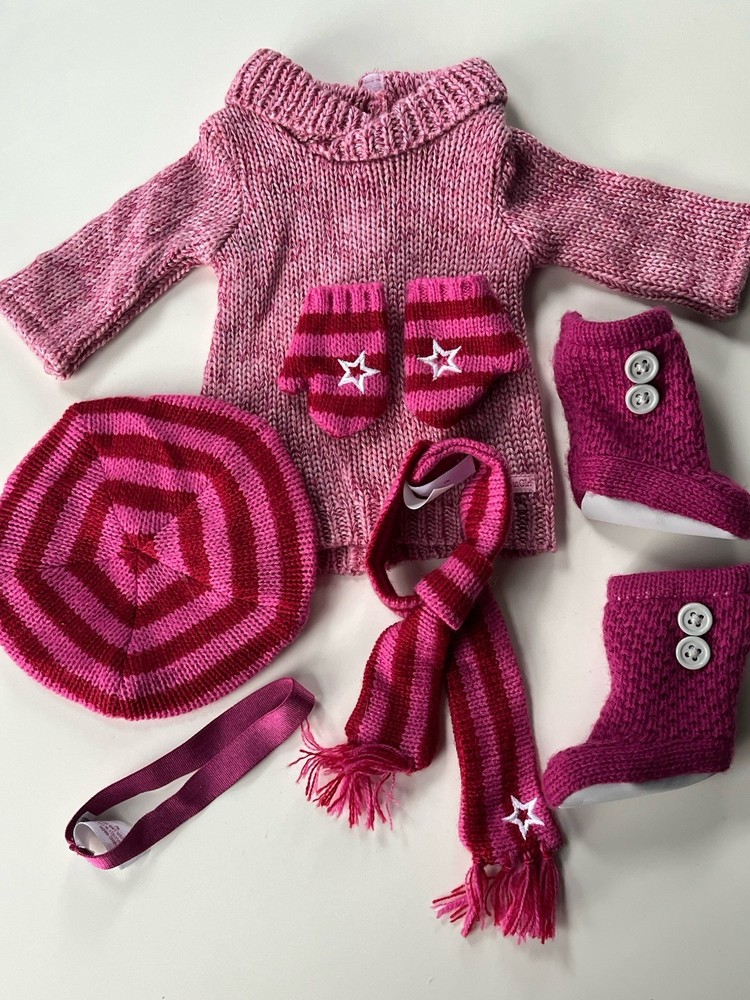 American Girl Doll Winter Outfit Pink Striped Knit Set with Hat Scarf Mittens Sweater Boots