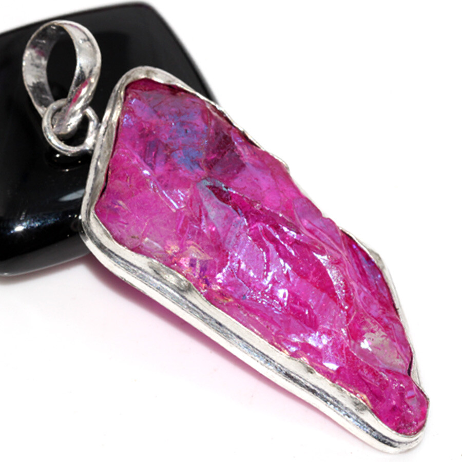 925 Silver Plated Pink Titanium Aura Quartz Pendant Jewelry Size 2.4
