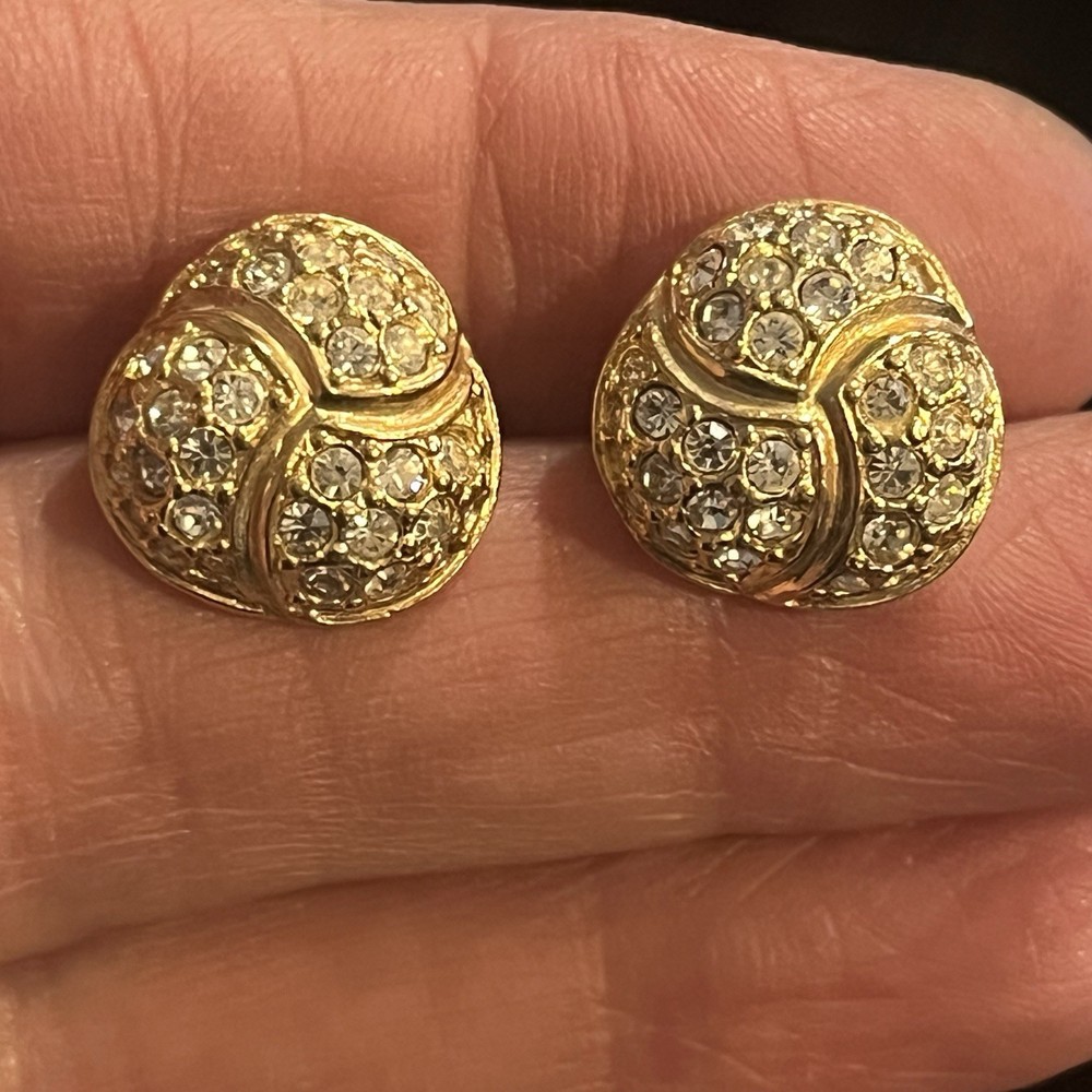 Swarovski Vintage Swan Logo Gold Tone Round Crystal Stud Earrings