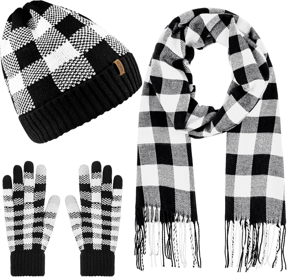 Winter Warm Knitted Scarf Beanie Hat and Gloves Set Men & Women'S Soft Stretch H