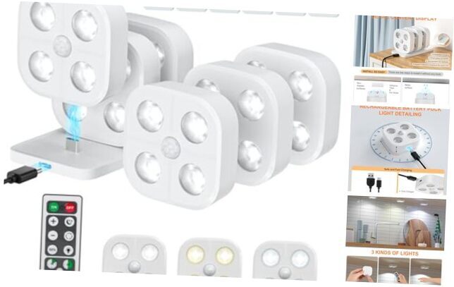 Wireless Step Light Rechargeable Puck Light with Charging Station, 6Pcs 3color