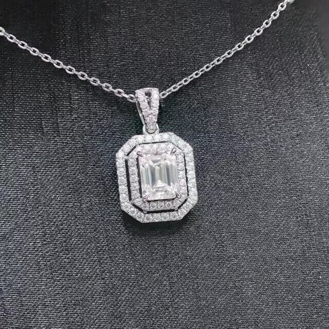 14K White Gold Plated 2Ct Emerald Cut Simulated Diamond Double Halo Pendant Necklace