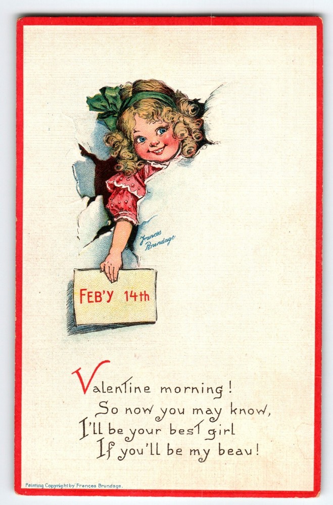 Frances Brundage Valentine Postcard Girl Breaks Wall Feb 14th Gabriel Signed 414