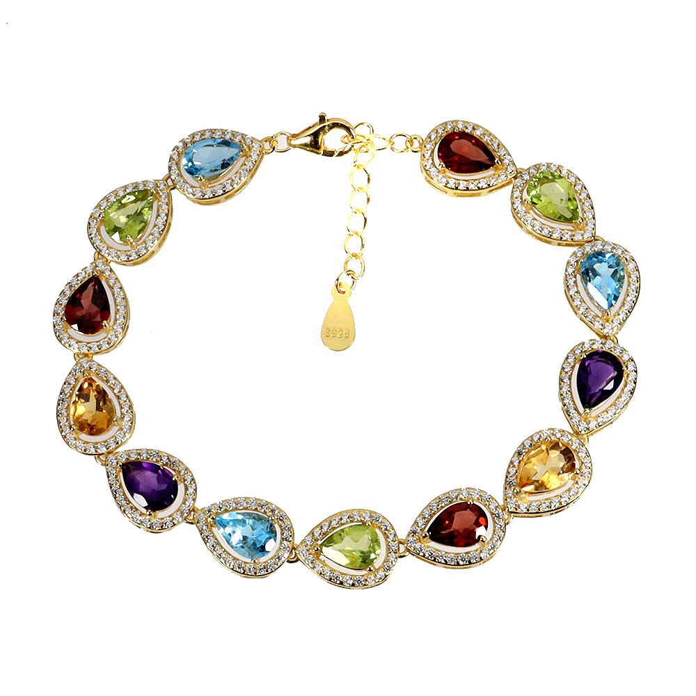 925 Sterling Silver Bracelet Pear Citrine Amethyst Topaz Gemstone Jewelry 7 Inch