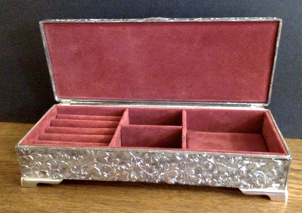 Vintage Red Velvet GODINGER Silver Plated Jewelry Box 9x3.5x2 Inches