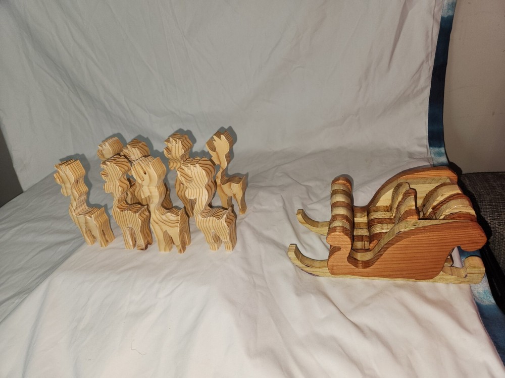 Handmade Christmas Rustic Wood Carved Reindeer with Sleigh Primitive Lot of 8