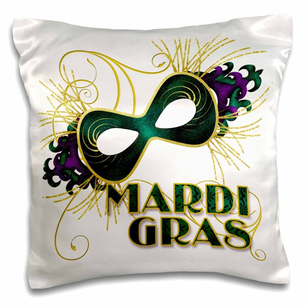 3dRose Mardi Gras Green Gold and Purple Mask for Celebrating 16x16 inch Pillow C