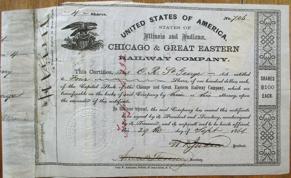 Illinois, Indiana, Chicago Great Eastern Railway 1866 Railroad Stock Certificate