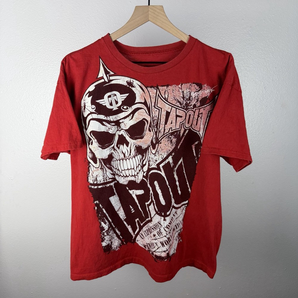 Vintage Tapout UFC MMA Spell Out Skull T Shirt Red Y2K Grunge Mall Goth Size XL