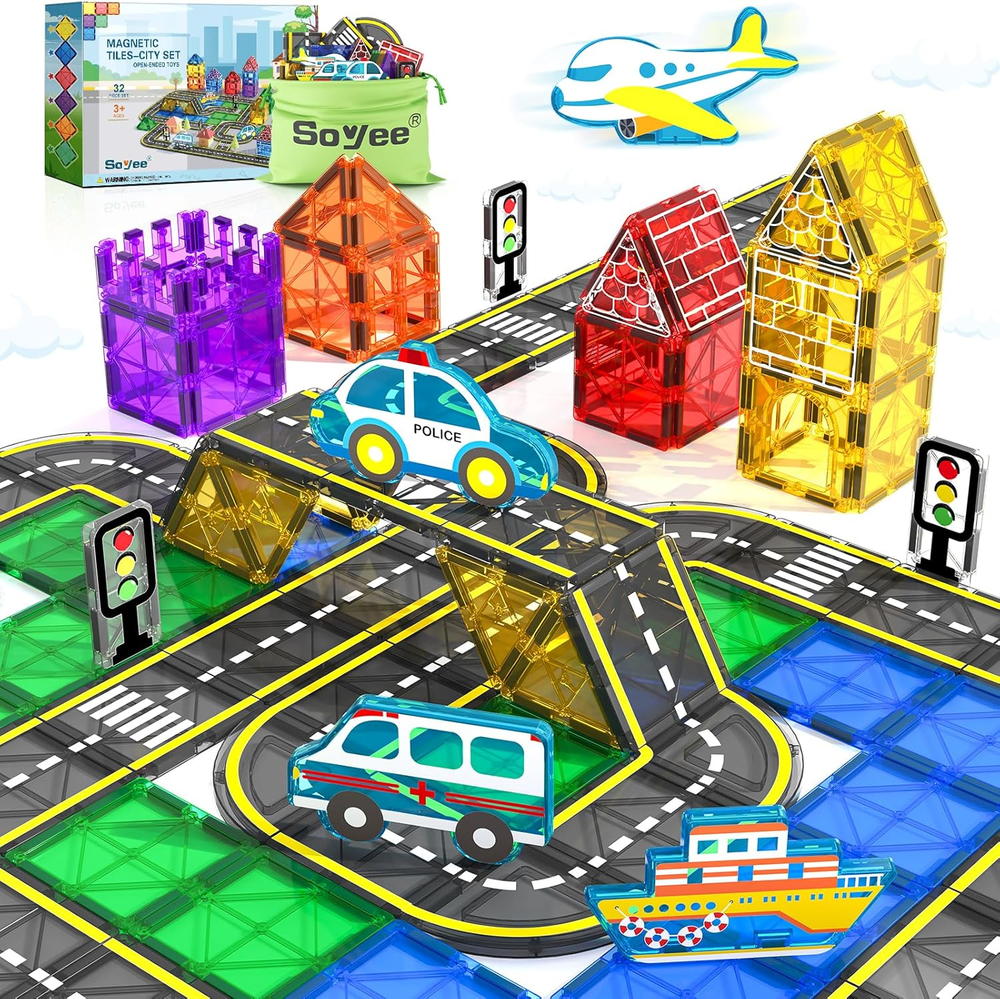 Soyee Magnetic Tiles Road Cars Set Magnetic Building Blocks Boys Toys Ages 3 4 5