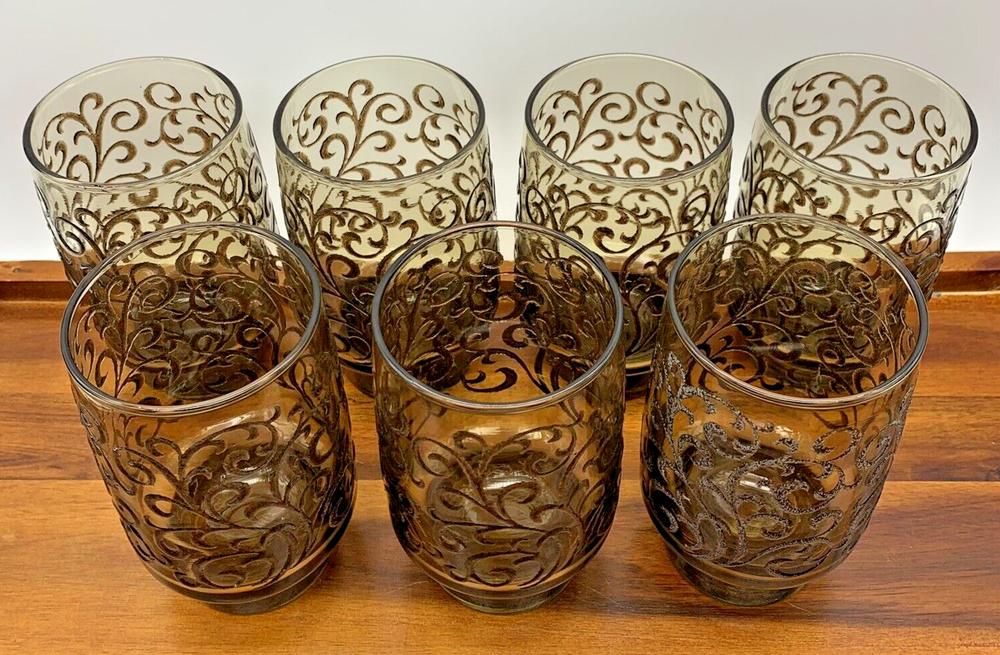 Set of 7 Vintage 1970s Libbey Glass Prado Tawny Brown 10 oz Flat Tumblers EUC