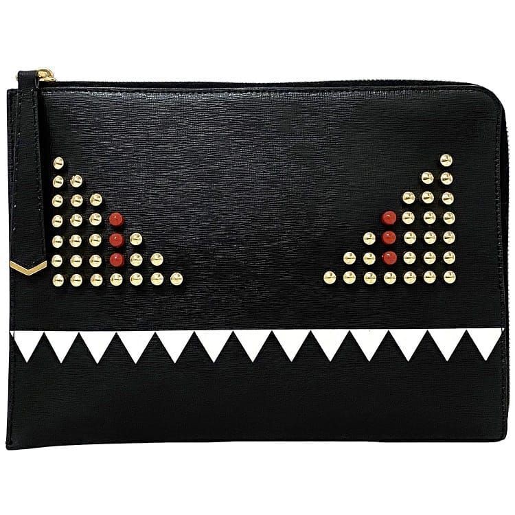 RARE FENDI Black Monster Leather Clutch Bag 8M0363 in Excellent Pre-Owned Condition