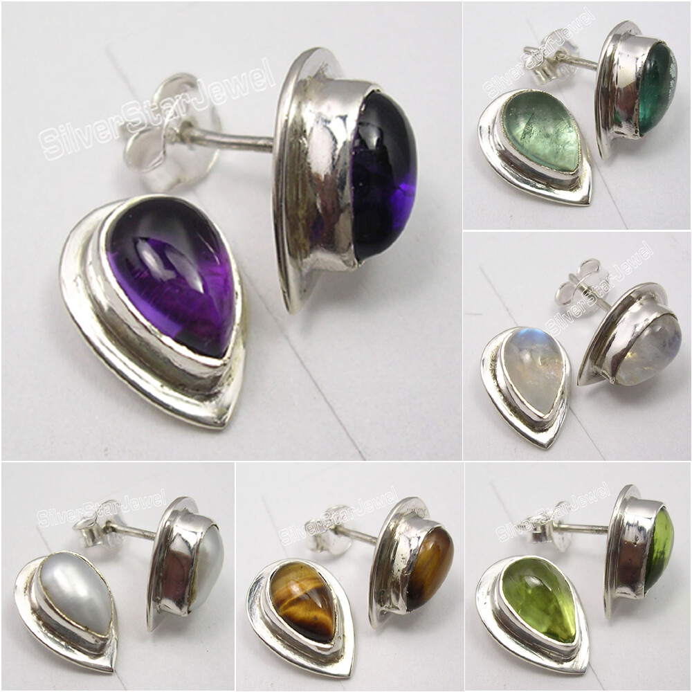 Flash Sale | 925 Silver Studs Earrings MOONSTONE, LAPIS & More Gems Variation-image