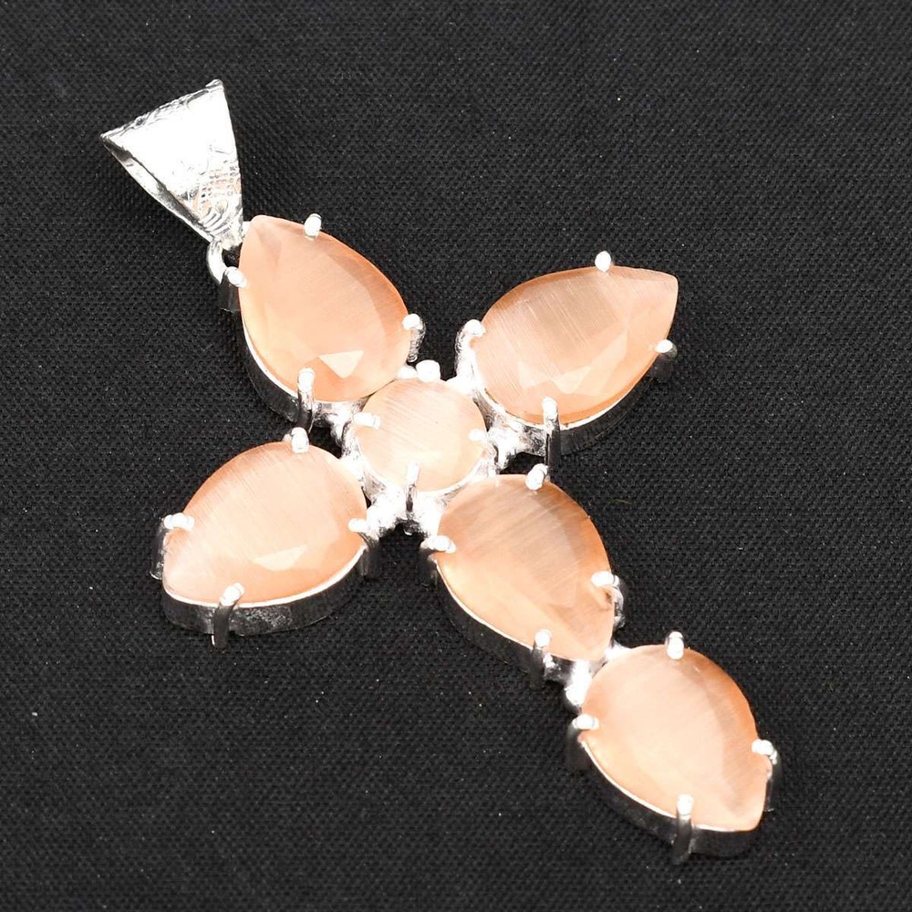 Cat Eye Gemstone Ethnic Handmade Cross Pendant Jewelry Women Gift 2.56