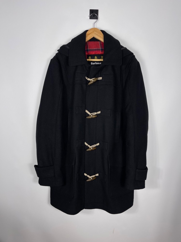 Barbour Men's Classic Black Duffle Coat Tartan Lining Wool Hooded Jacket Sz 50