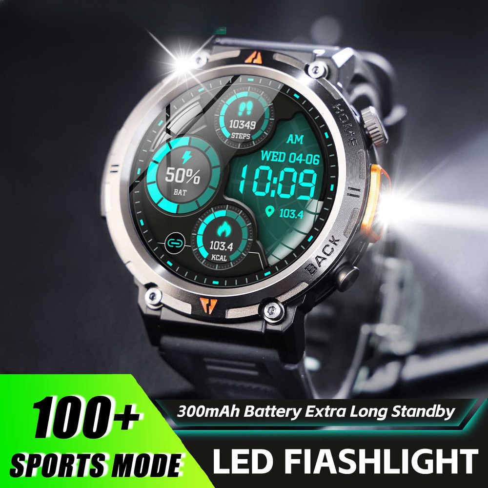 Bluetooth Smart Watch with Full Touch Screen Health Monitor and Flashlight for Calls