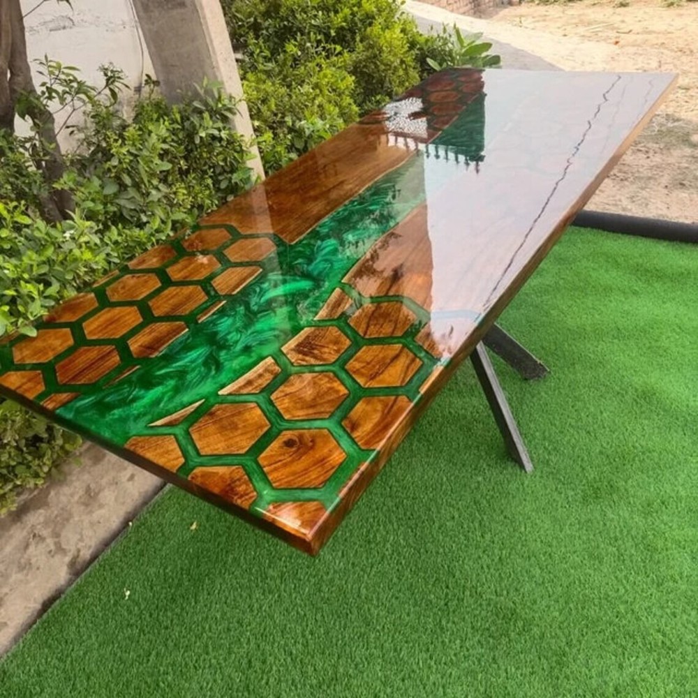 Handmade Green Epoxy Honey Cube Wooden Dining Table Top for Home Decor