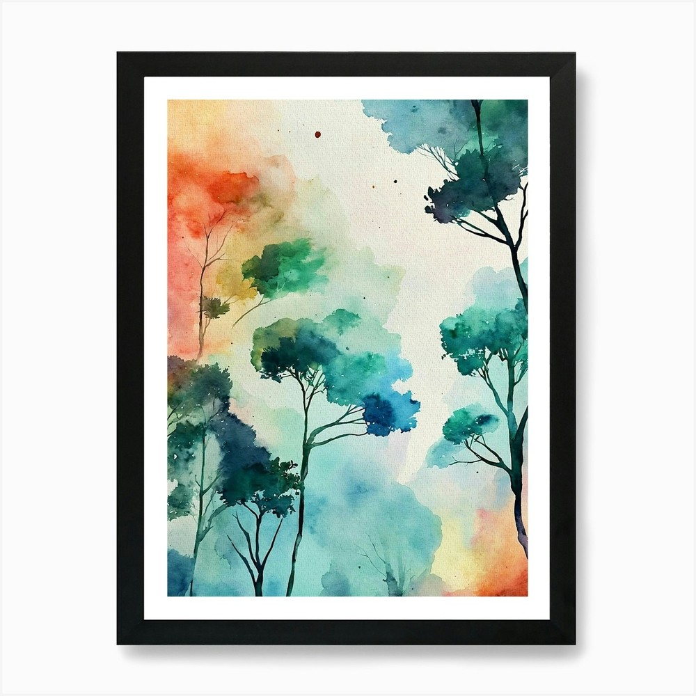 Framed Watercolor Trees Art Print - Canvas Wall Decor Picture  