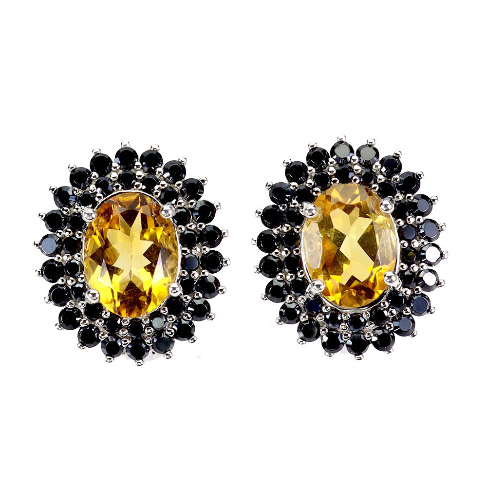 925 Sterling Silver Earrings with Oval Citrine and Natural Spinel Gemstones