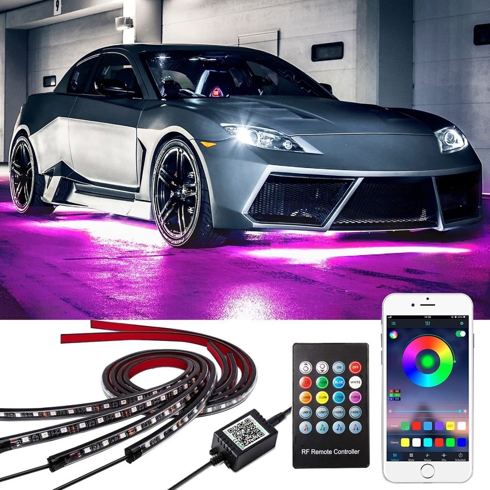 4 PCS Neon Tube Underglow LED RGB Under Car Strip Light Kit Underbody System Kit