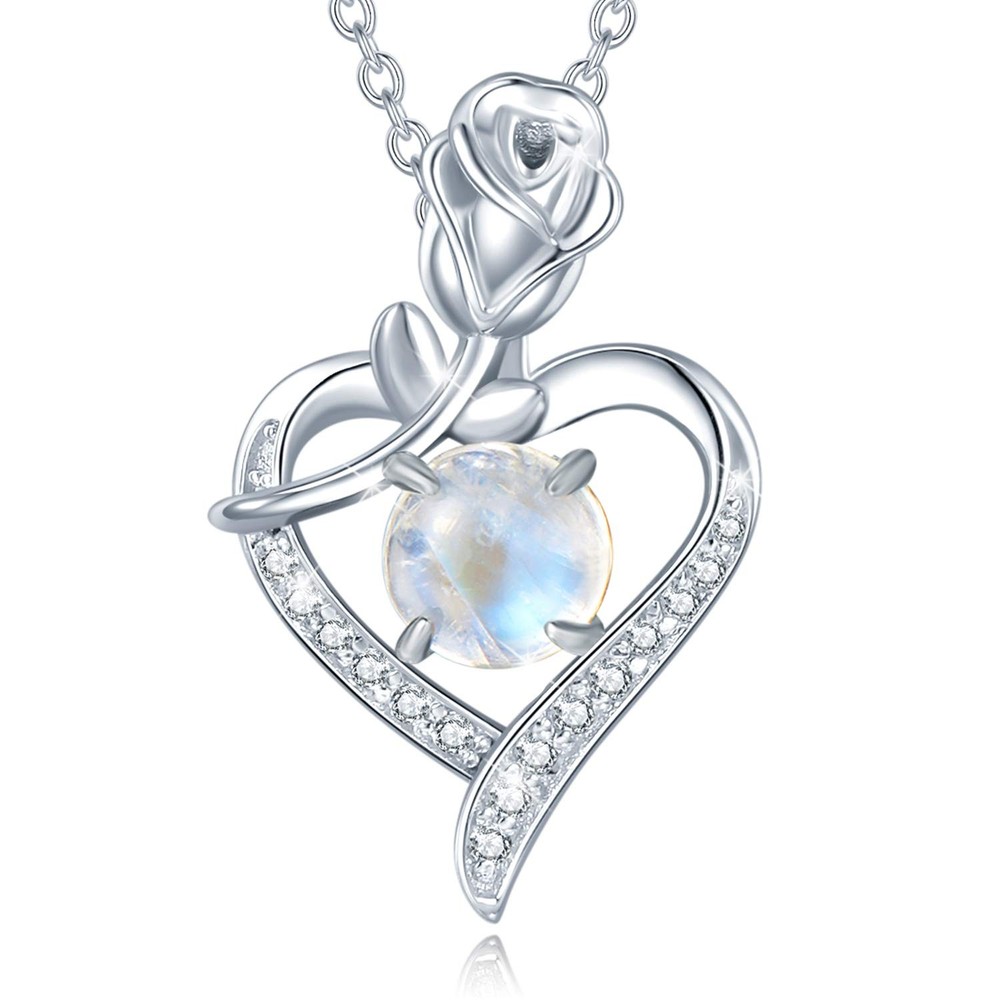 Moonstone June Birthstone Necklace Sterling Silver Rose Flower Pendant