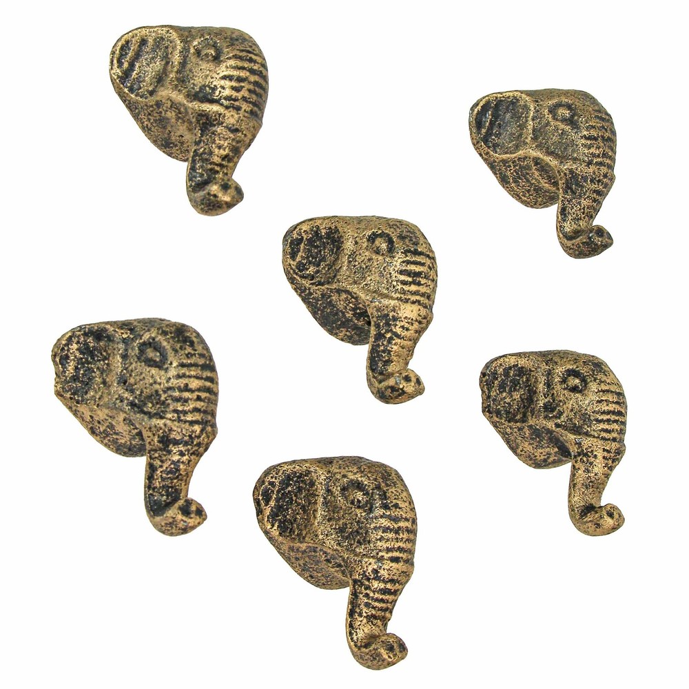 Set of 6 Antique Gold Finish Cast Iron Elephant Head Cabinet Knob Drawer Pulls
