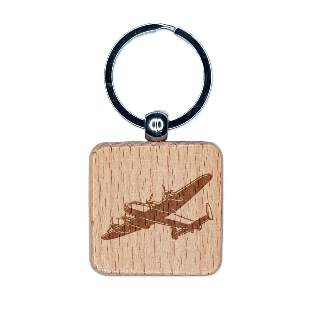 Military Bomber Plane Engraved Wood Square Keychain Tag Charm