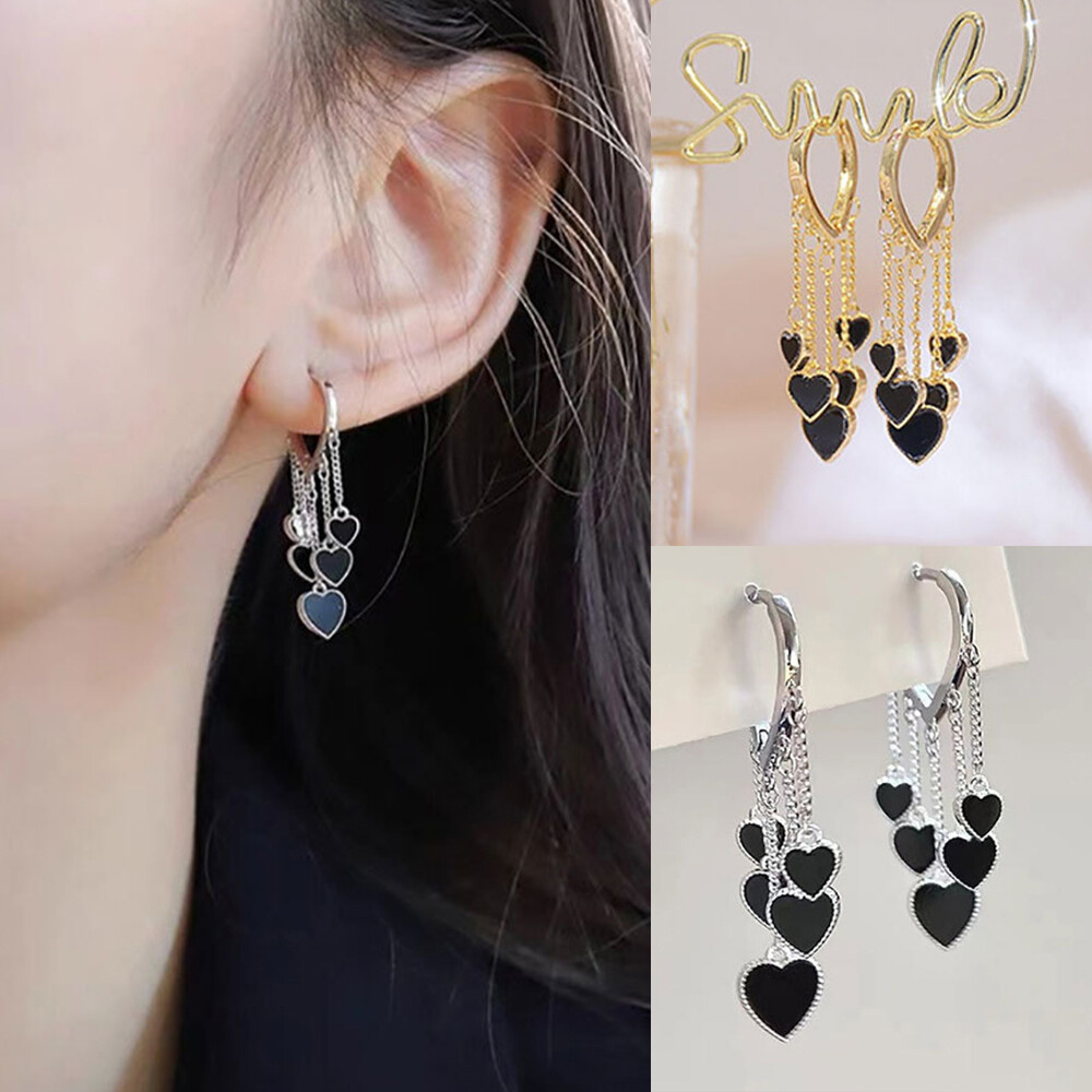 Black Heart Tassel Stud Earrings Hoop Drop Dangle Women Creative Party Jewelry