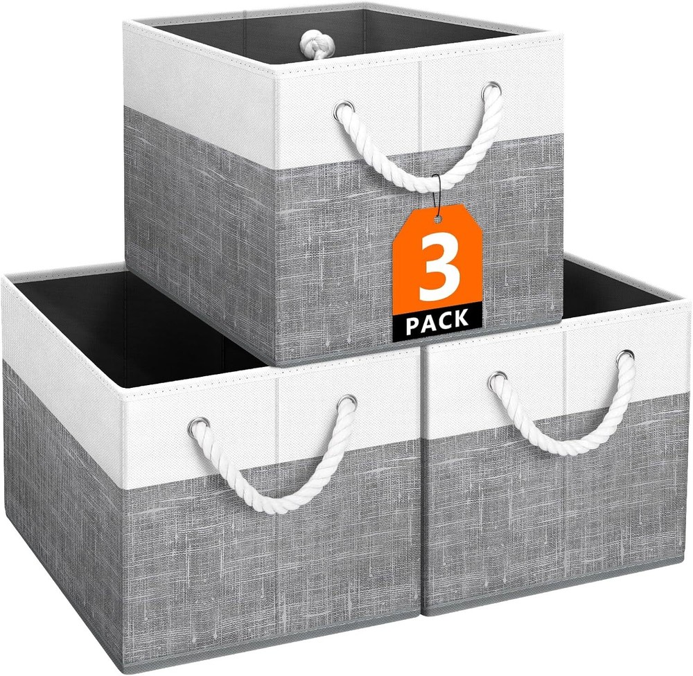 3-Piece Large Storage Box Set with Rope Handles in White & Gray