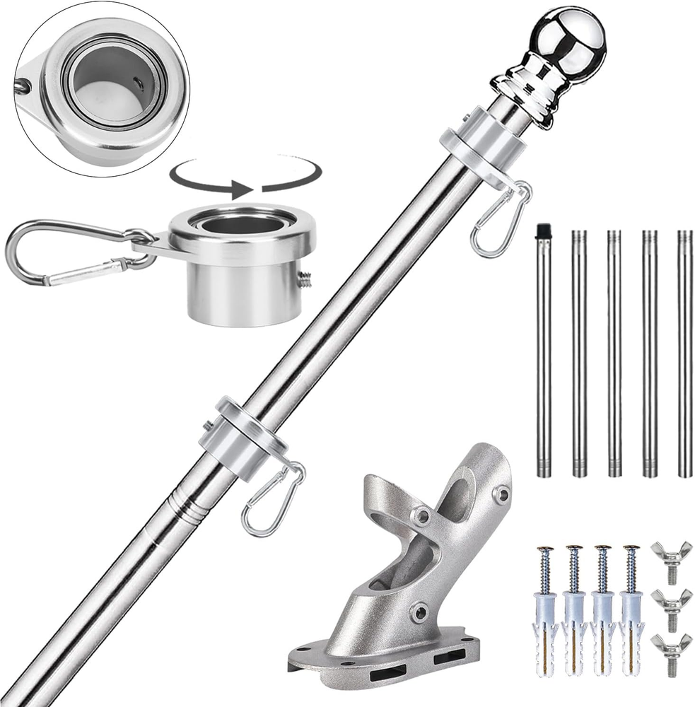 6 FT Flag Pole Kit - Stainless Steel Flagpole with No-Tangle Ring Clips