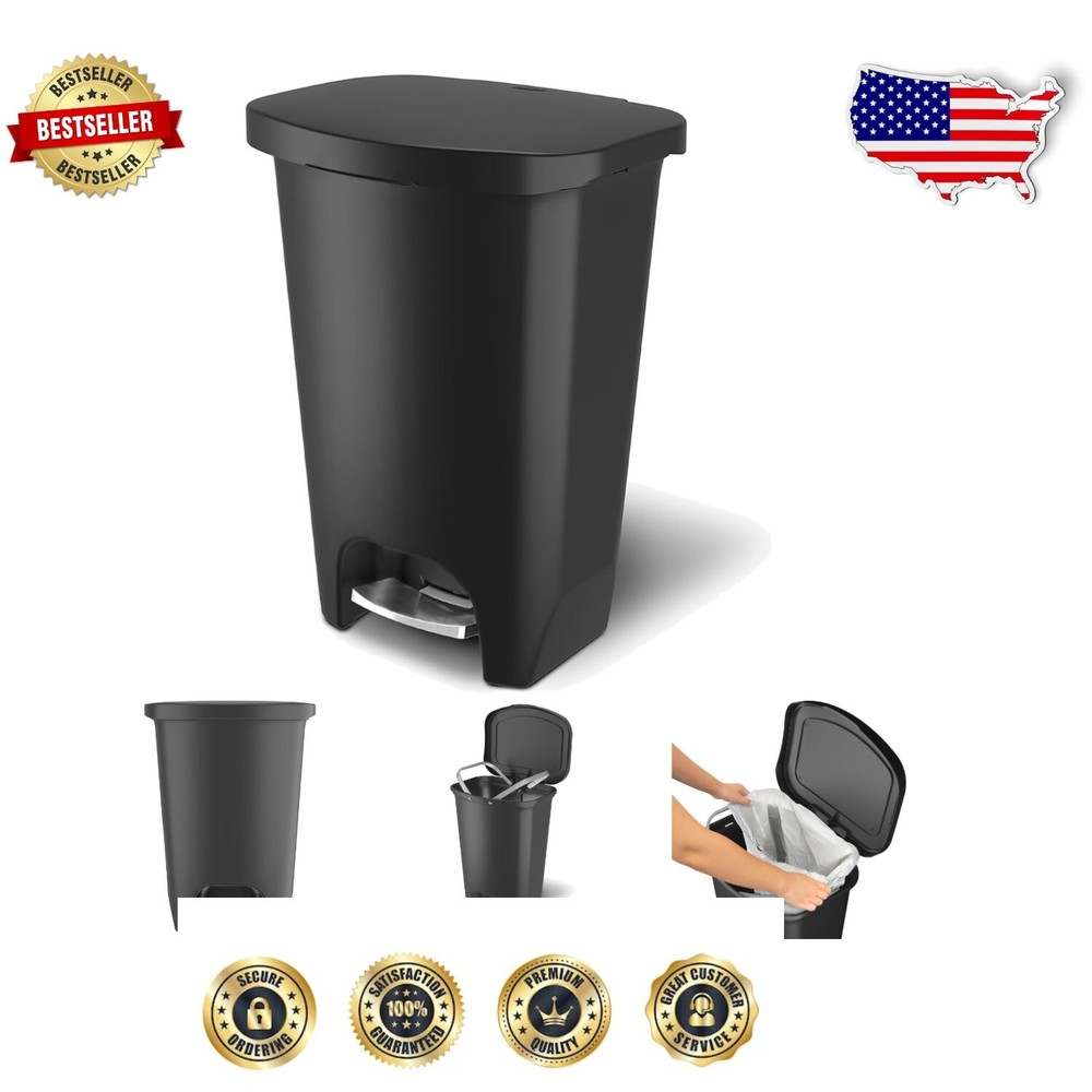 Premium 13 Gallon Kitchen Trash Can with Stainless Steel Step Pedal & Bag Rings