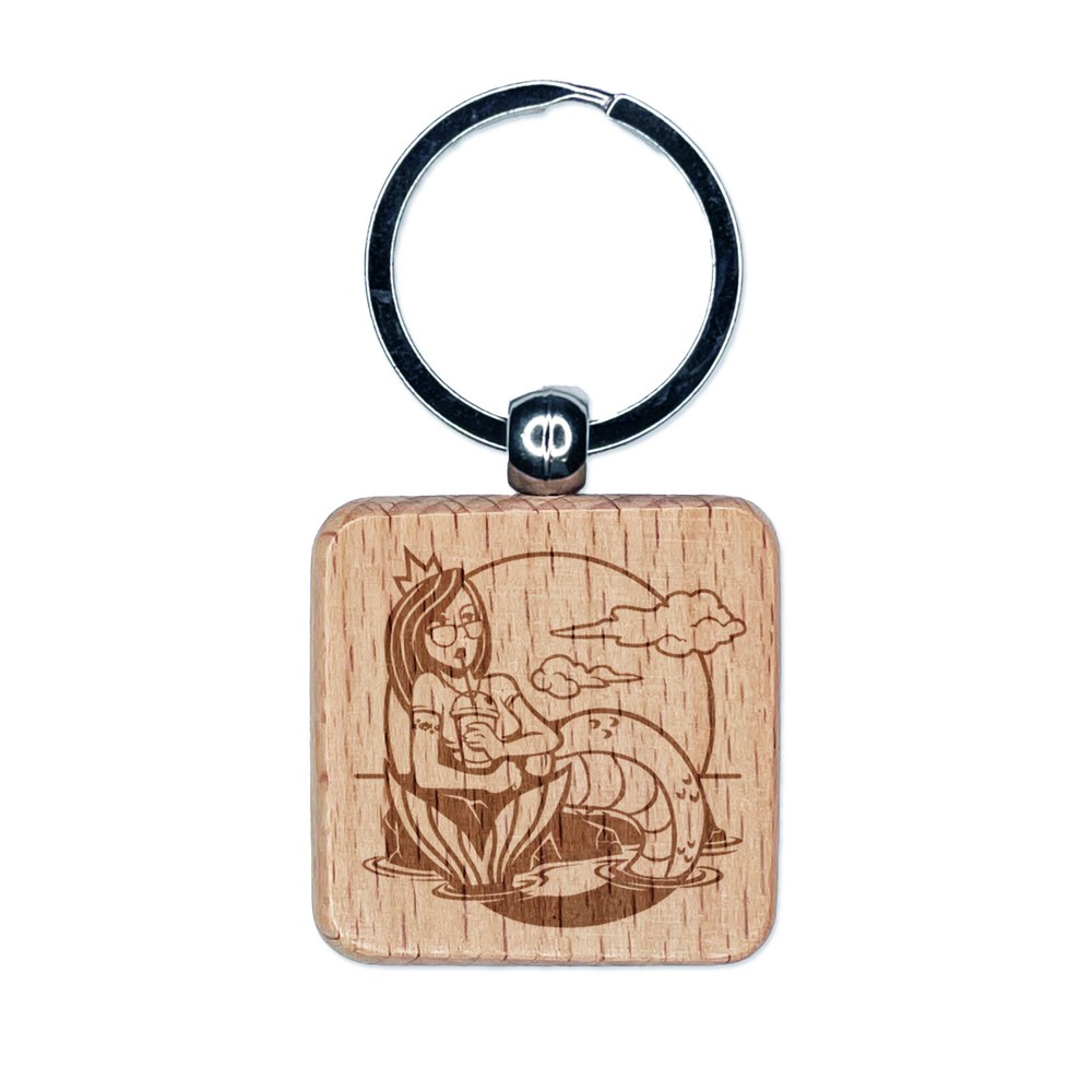 Coffee Drinking Hipster Mermaid Engraved Wood Square Keychain Tag Charm