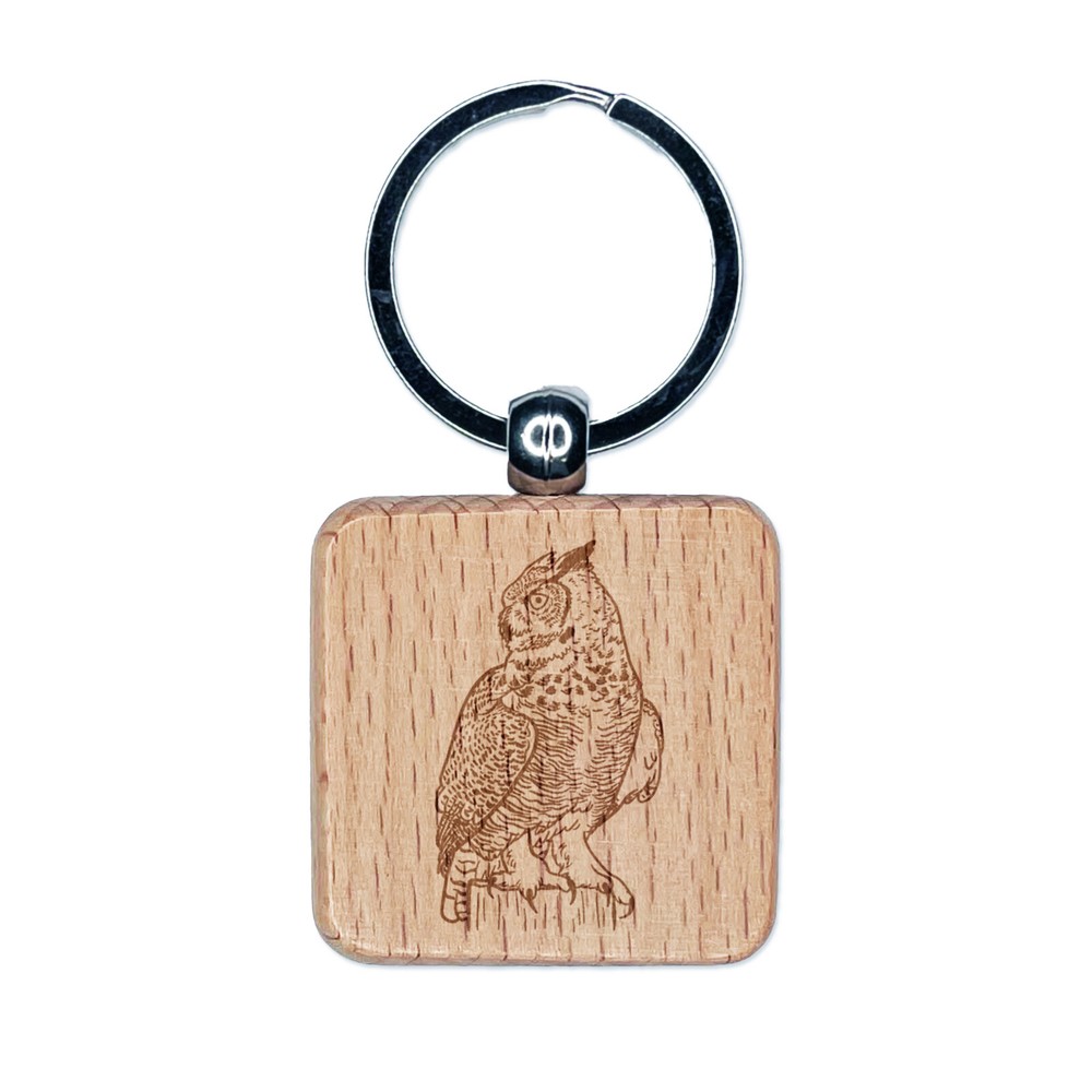 Regal Great Horned Owl Engraved Wood Square Keychain Tag Charm